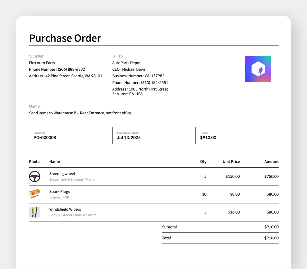 Purchase order PDF generated in BoxHero with item and supplier details