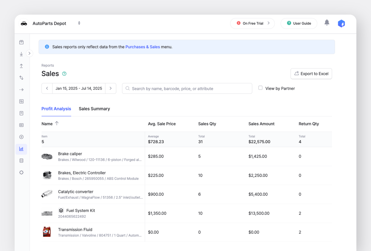 BoxHero sales report with profit analysis for auto parts inventory
