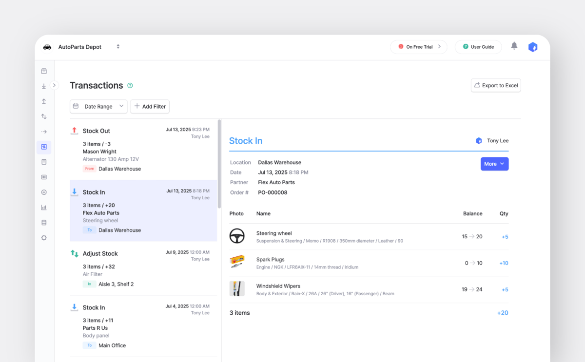 Inventory transaction history including stock adjustments in BoxHero