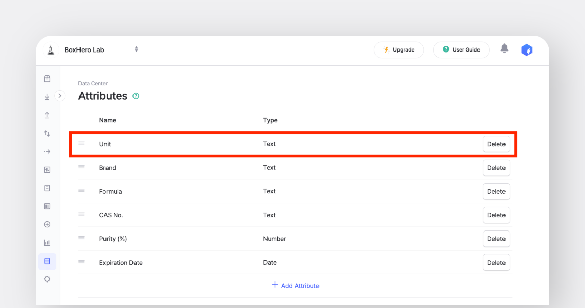 BoxHero Web: Data Center > Attributes