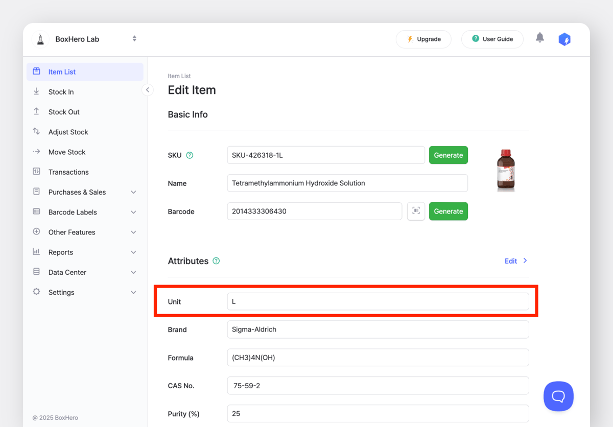BoxHero Web Item Details Screen > Edit Item