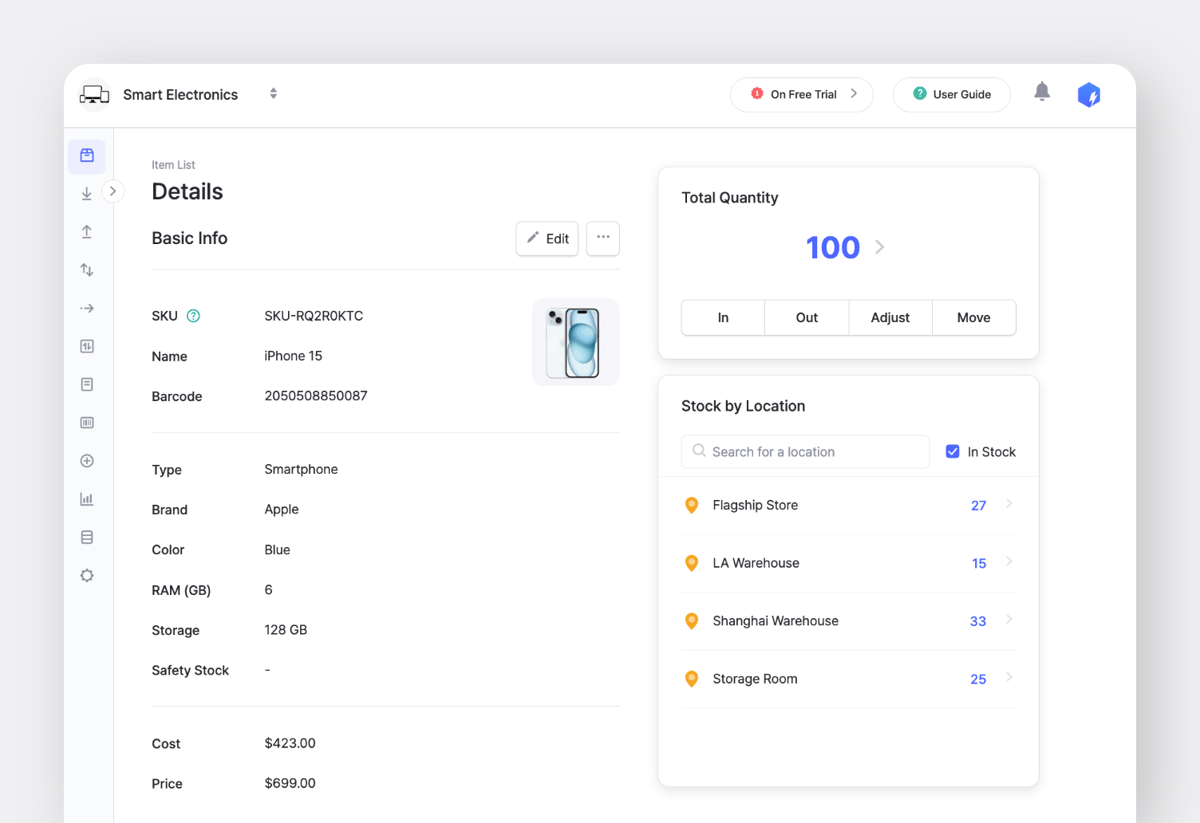 iPhone 15 item details with stock by location in BoxHero