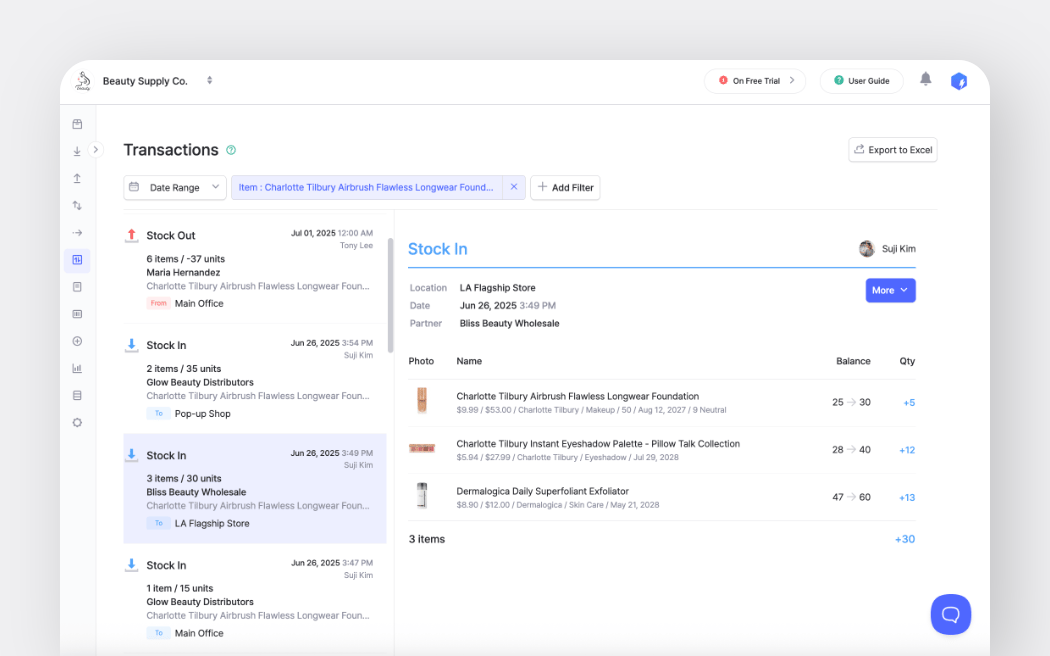 Screenshot of BoxHero’s web-based inventory transaction screen showing stock in and stock out records, item details, and quantity changes for a beauty supply company.