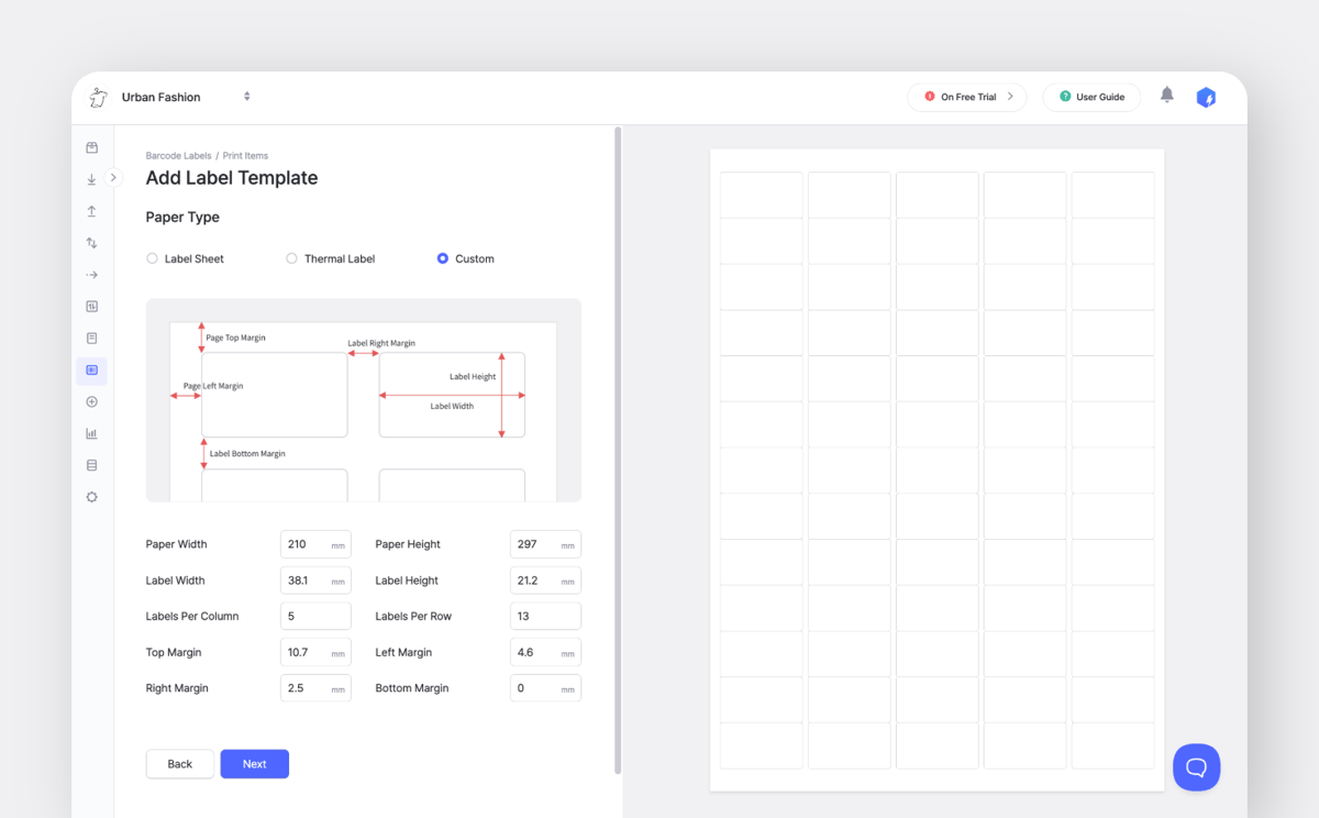Custom barcode label template setup in BoxHero.