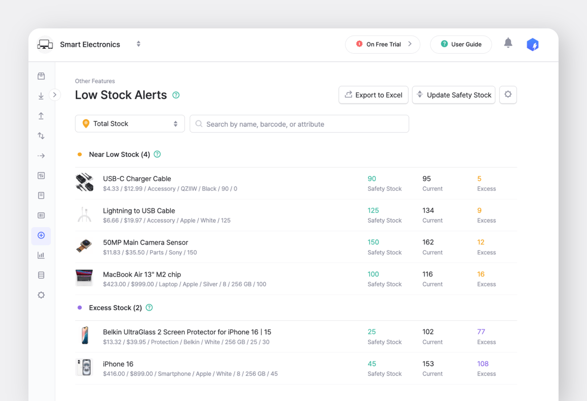 BoxHero inventory dashboard with low stock alerts and safety stock tracking