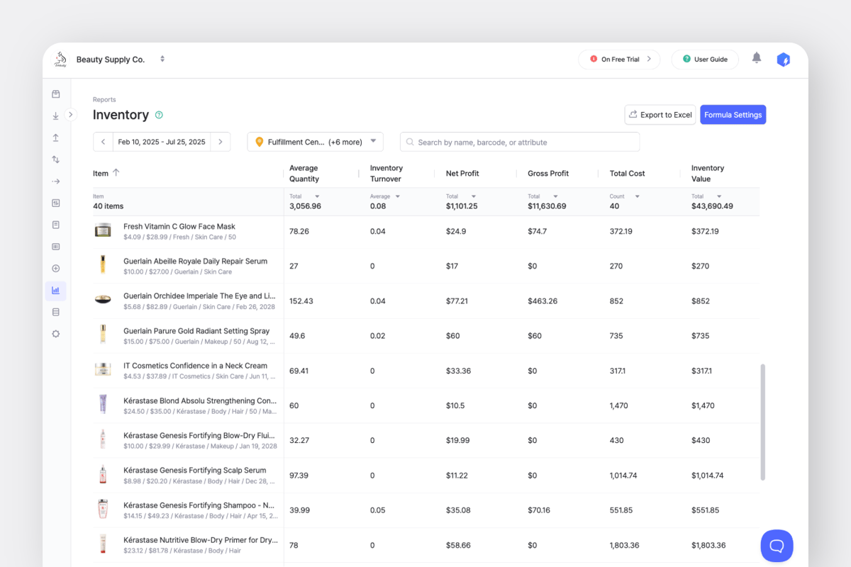Inventory Report in BoxHero showing stock levels, turnover, and value at a glance