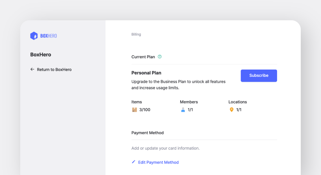 BoxHero Billing Screen with Personal Plan 