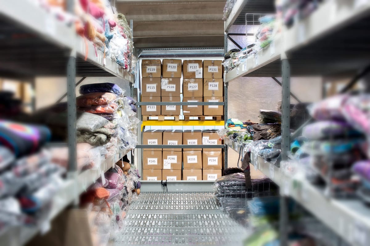 A part of wholesaling warehouse with clothes on the shelves and stored numbered boxes.