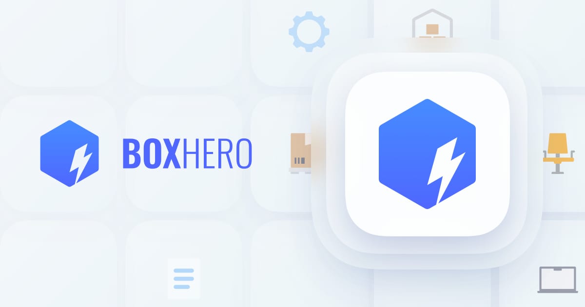 BoxHero wordmark and hexagon lightning-bolt app icon on a soft tile background with logistics icons.