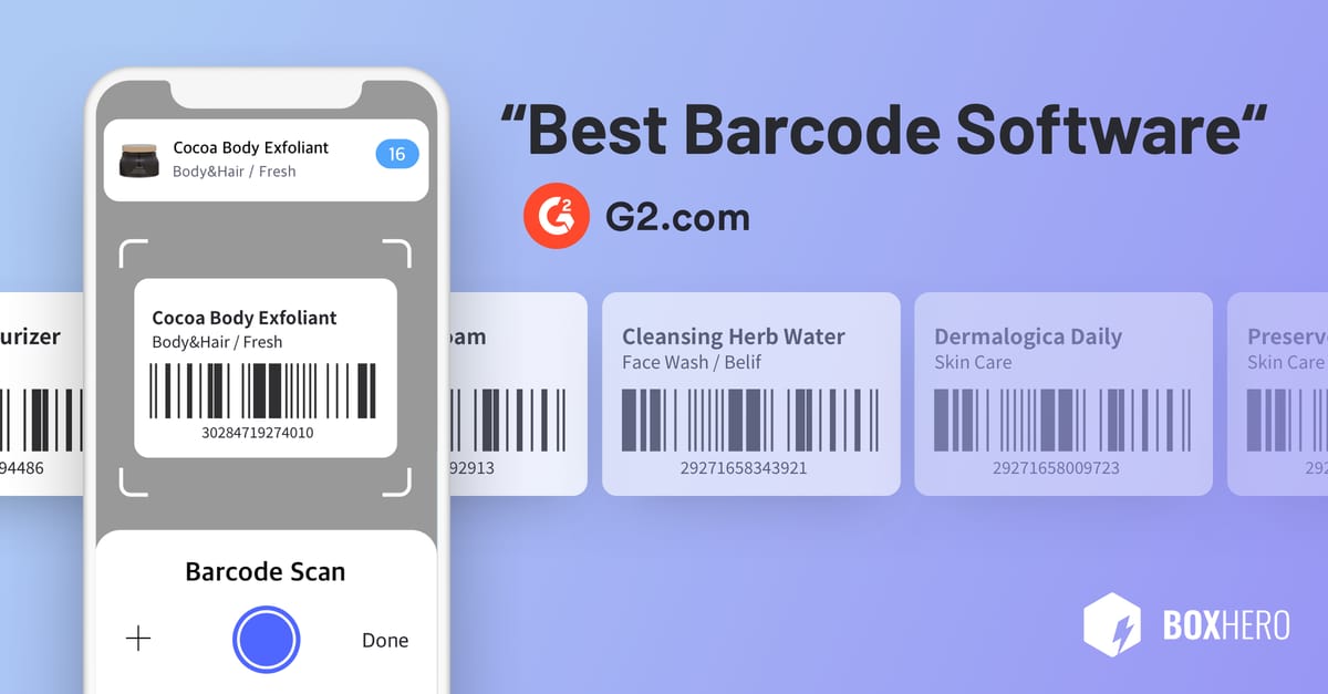 Promotional banner showing a phone barcode-scan UI, headline “Best Barcode Software,” G2 badge and BoxHero logo.