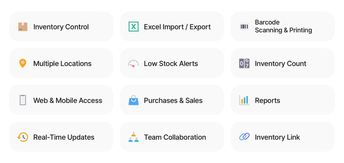 BoxHero | Graphic of 16 Core Inventory Features