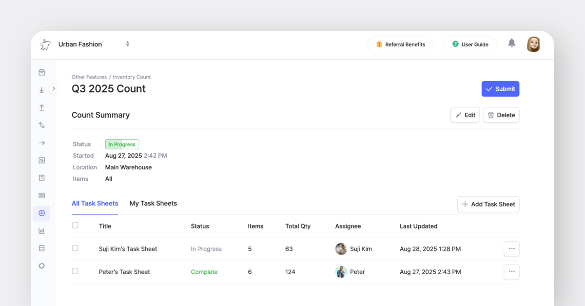 BoxHero Web Screen: Inventory Count Feature with Task Sheets