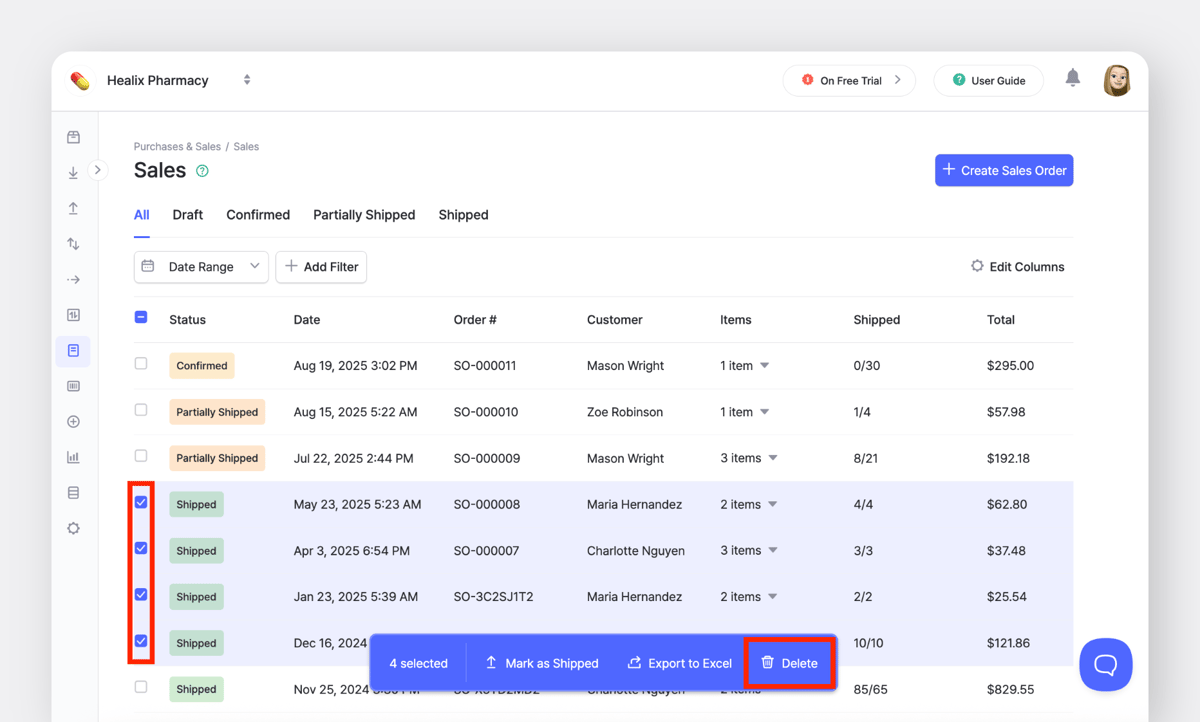 BoxHero sales order list showing multiple orders selected with checkboxes and bulk delete option in the action bar.