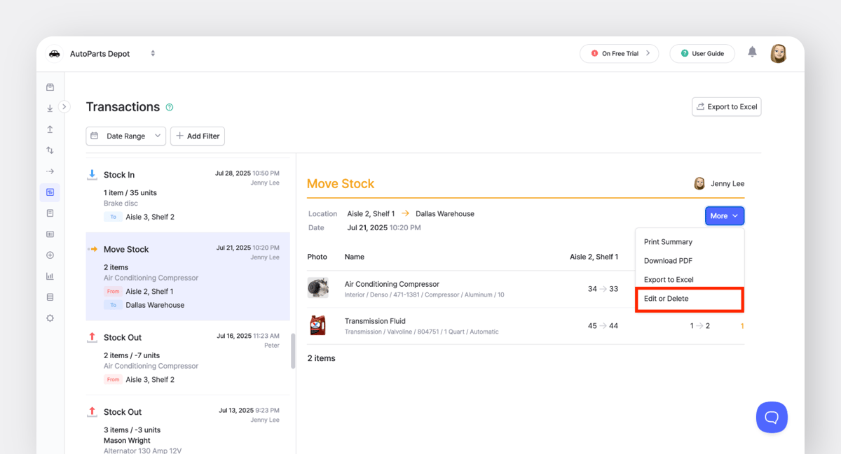 BoxHero transaction history screen with the option to edit or delete an inventory transaction from the More menu.