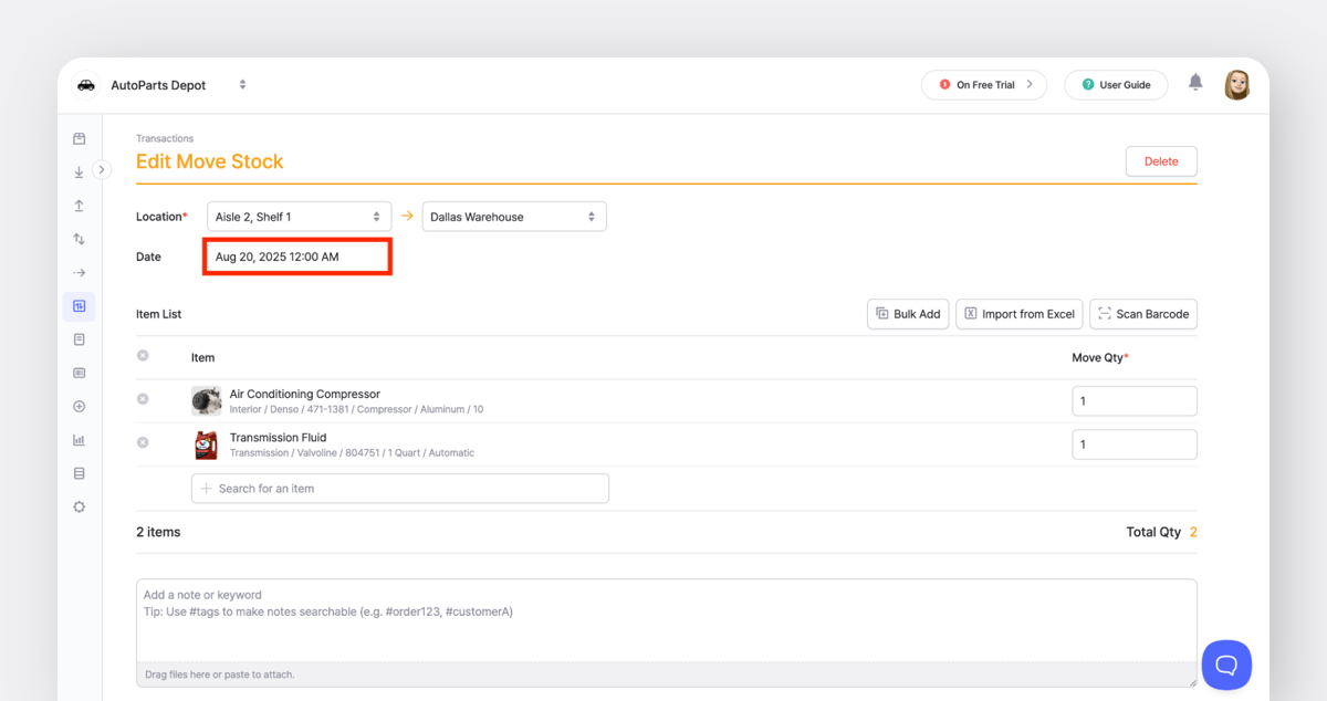 BoxHero edit transaction screen showing the ability to update the transaction date and details for inventory record.