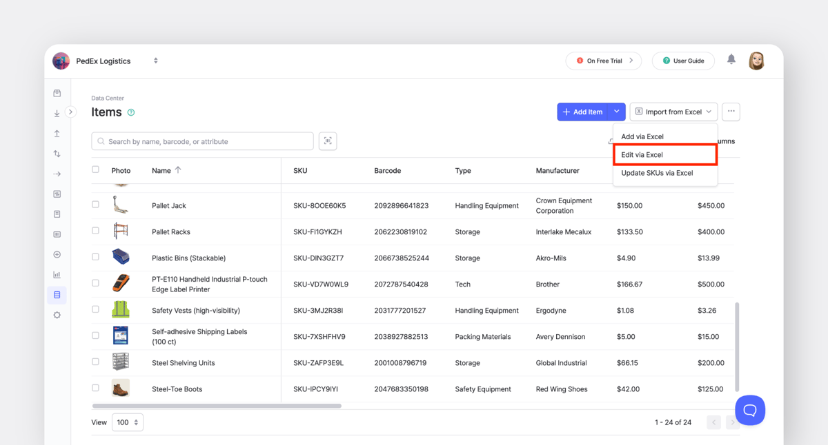 BoxHero: Data Center > Items highlighting the Edit via Excel option for bulk inventory updates