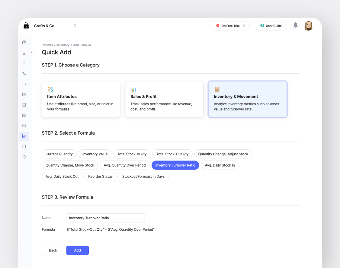 BoxHero Web UI: Add Formula to Inventory Report > Inventory Turnover Ratio