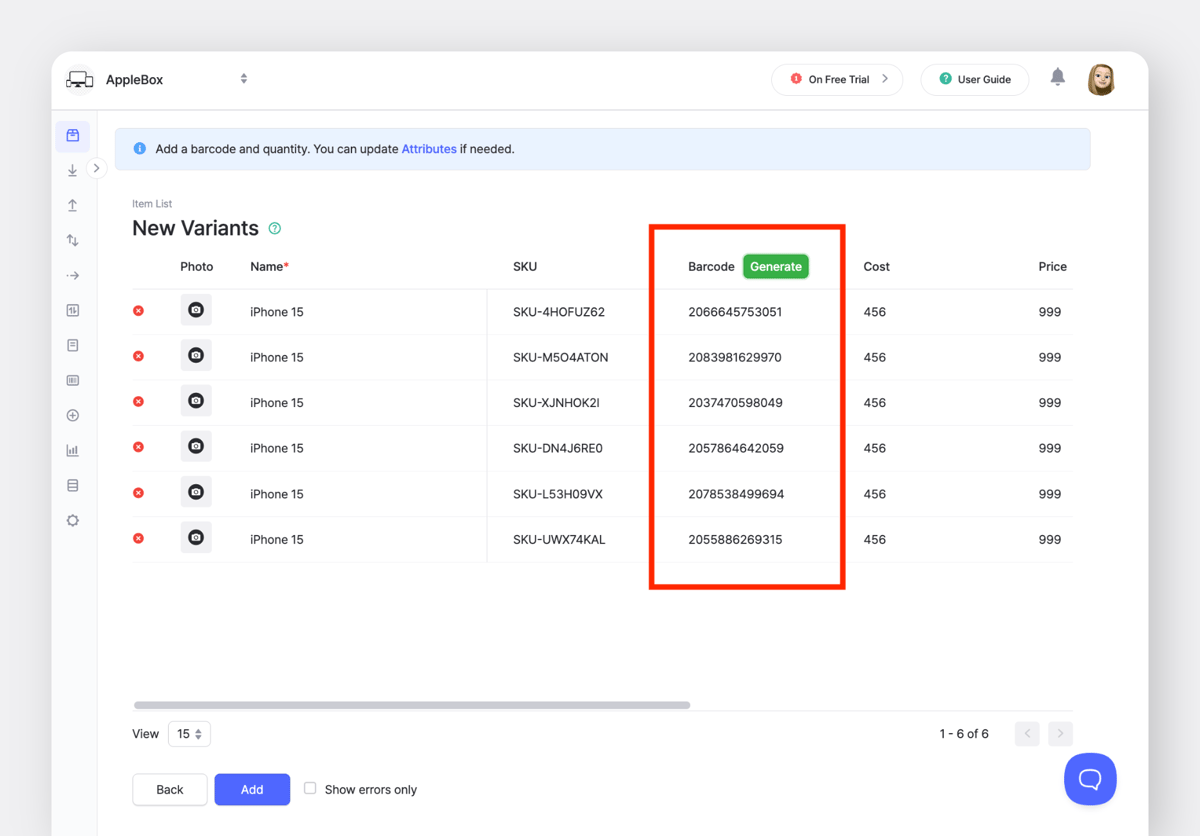 BoxHero Web: New Item Variants with Generated Barcodes