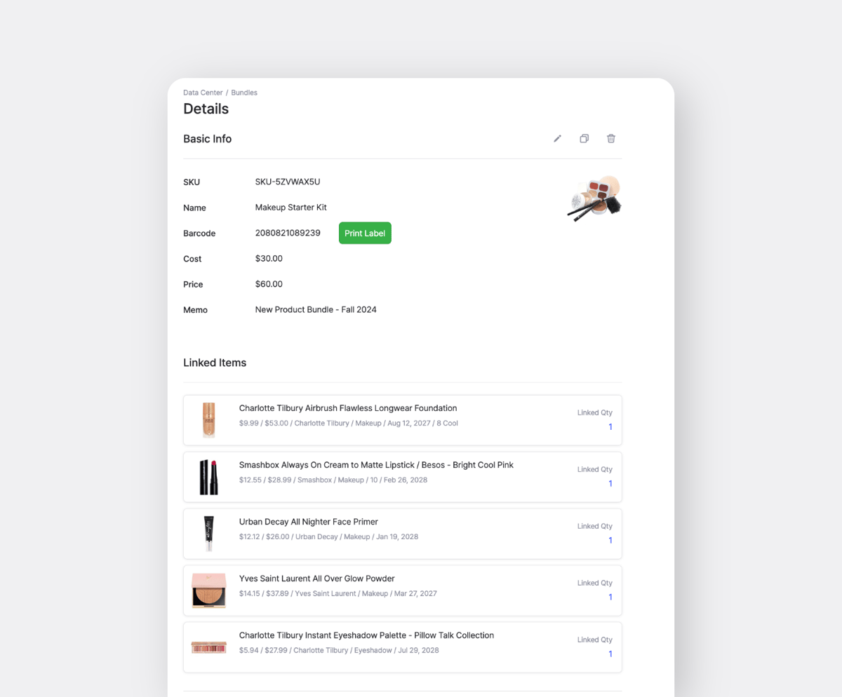 Bundle Details of a Makeup Starter Kit registered in BoxHero