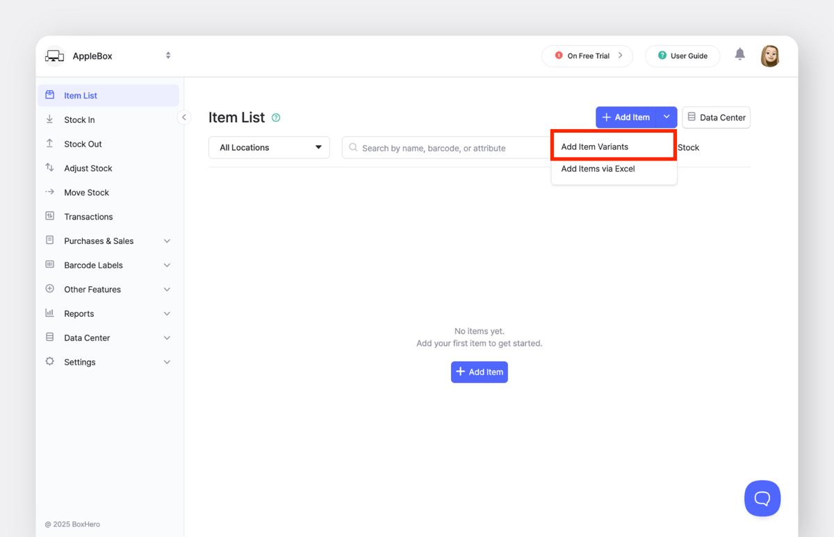 BoxHero Web: Item List > Add Item Variants Dropdown