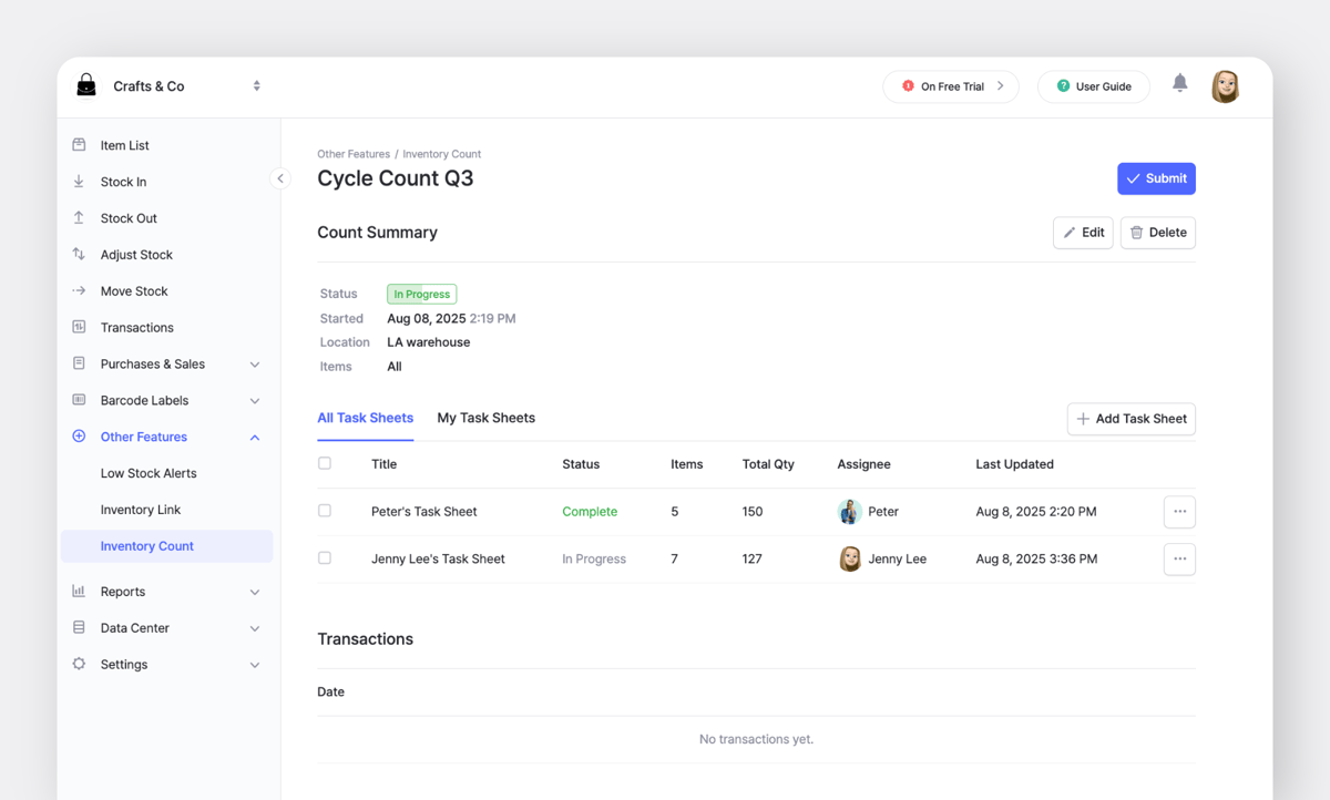 BoxHero Web Screenshot: Inventory Count with Open Task Sheets