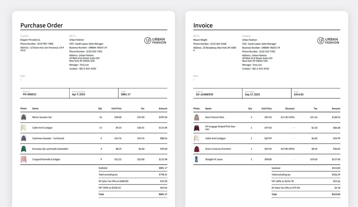 Purchase Order and Invoice PDF Screenshots by BoxHero