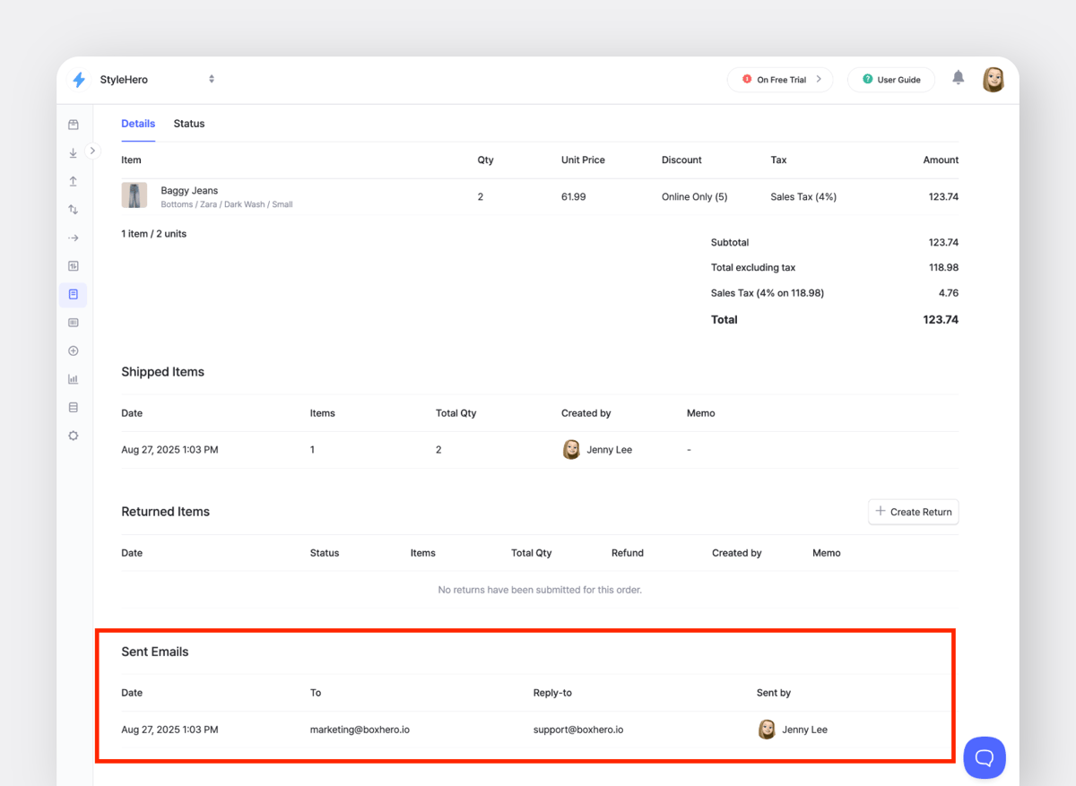 BoxHero sales order details screen showing item info, shipped items, and a Sent Emails section with email history including date, recipient and reply-to address.
