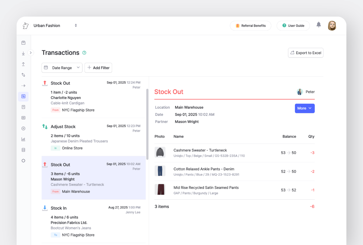 BoxHero inventory management platform showing Transactions menu with recent stock out and stock in transactions