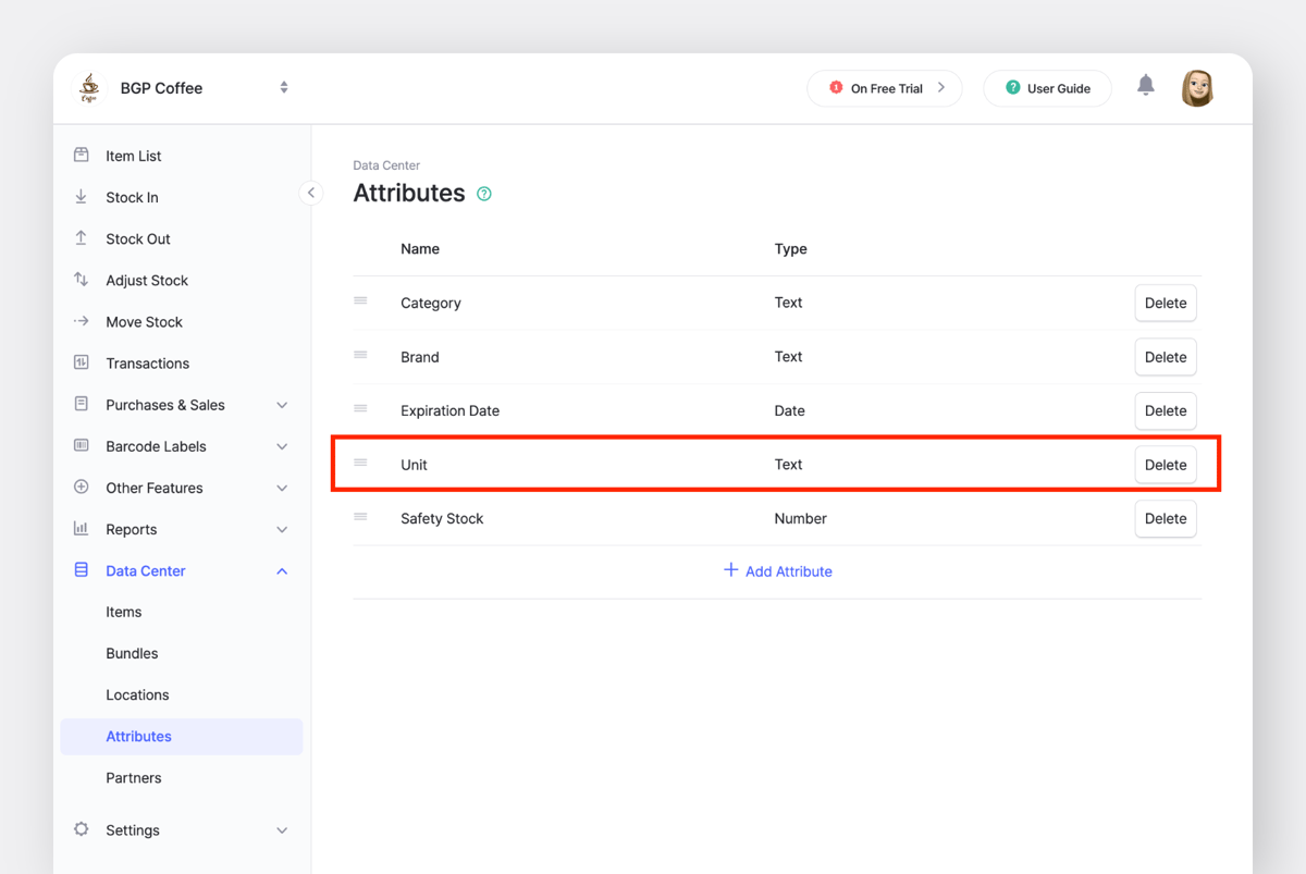 BoxHero Data Center > Attributes screen showing Unit set as a custom text attribute for inventory items.