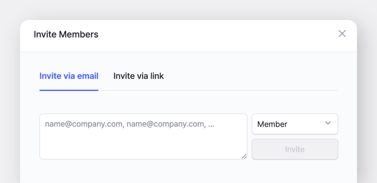 BoxHero Invite Members pop-up with option to invite teammates via email or a unique link