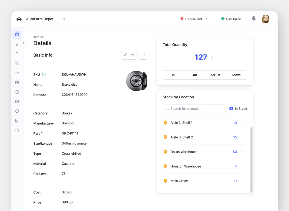 BoxHero item details page for a brake disc, displaying SKU, barcode, size in millimeters, and stock by location.