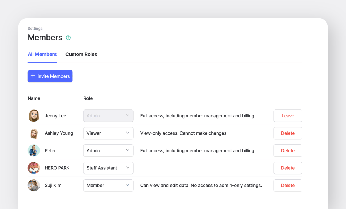 BoxHero Member Settings screen under the "All Members" tab.