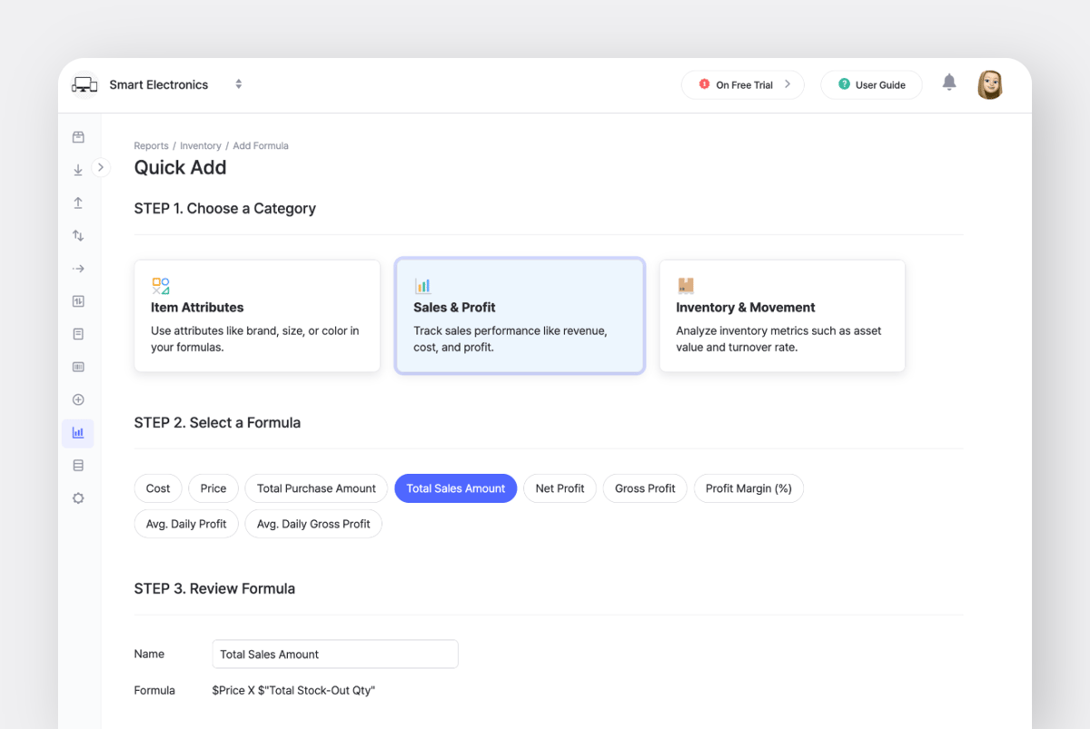 BoxHero reports screen with formula setup for tracking total sales amount and inventory movement data.