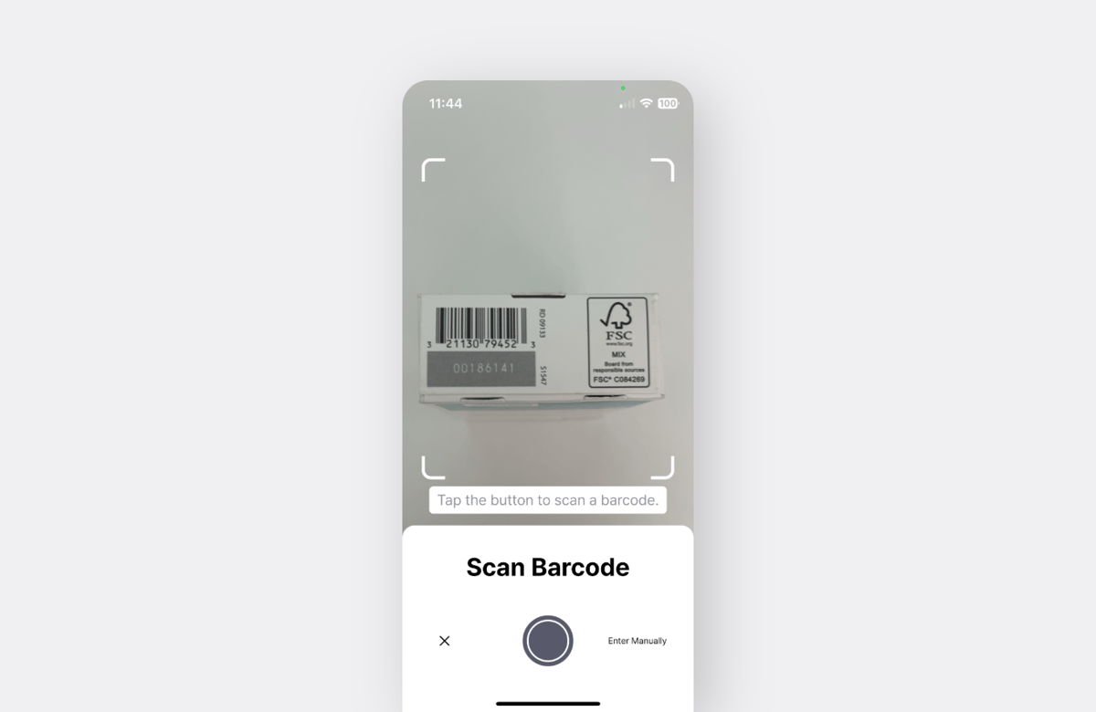 BoxHero mobile app barcode scanning feature using a phone camera to capture product barcodes for inventory tracking.