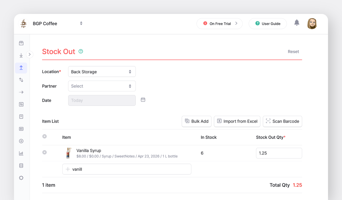 BoxHero Stock Out screen for vanilla syrup, logging 1.25 liters removed from inventory with decimal quantity tracking.