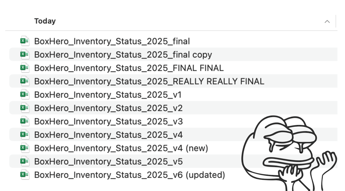 Screenshot of multiple Excel files with different versions and funny meme illustration showing frustration with duplicate files