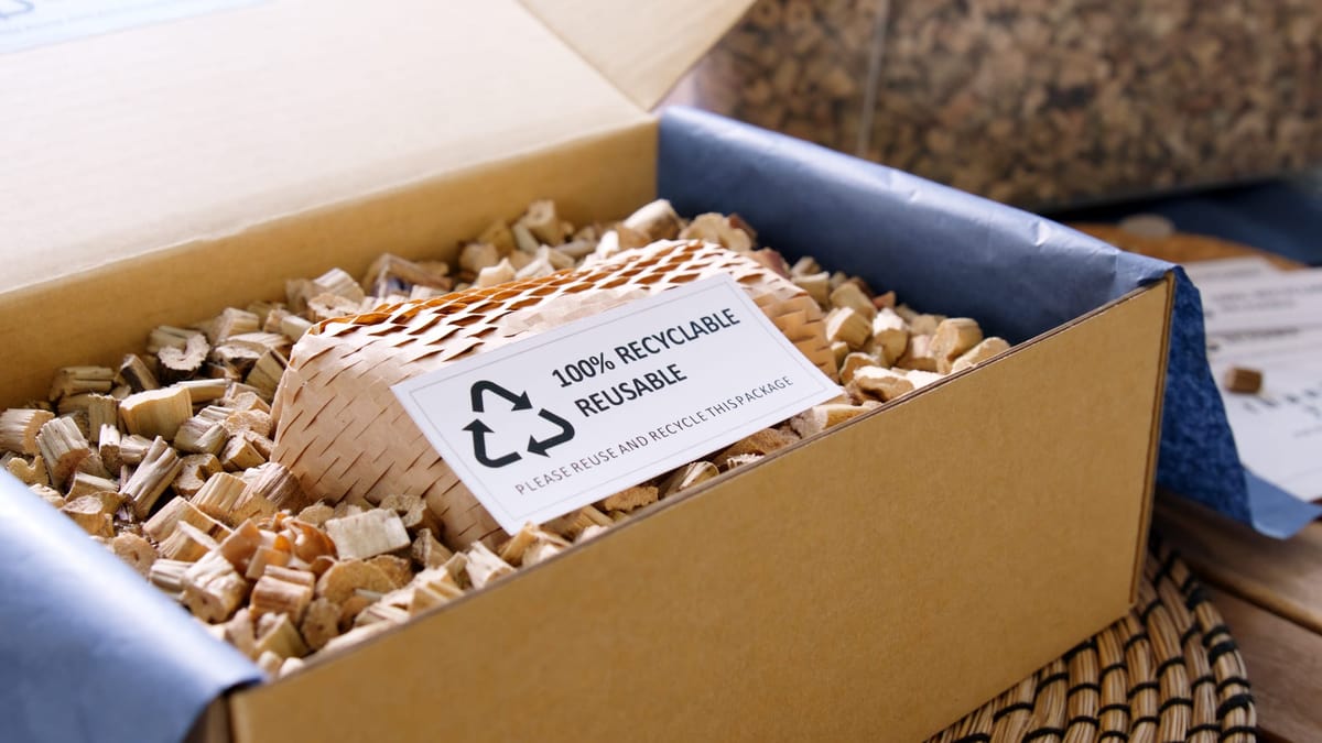 Open cardboard box filled with recyclable packing materials and a label reading “100% recyclable reusable."