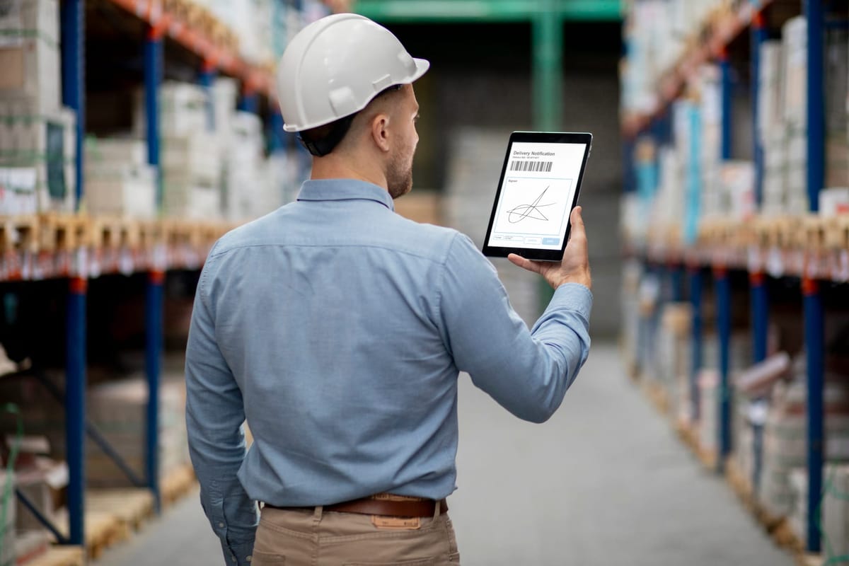Warehouse manager wearing a white hard hat using a tablet with digital signature and barcode system for delivery confirmation