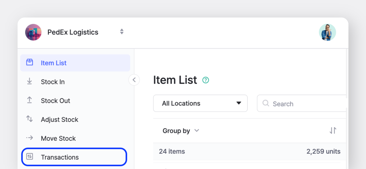 BoxHero inventory management solution sidebar highlighting "Transactions" menu for recording past inventory transaction history.