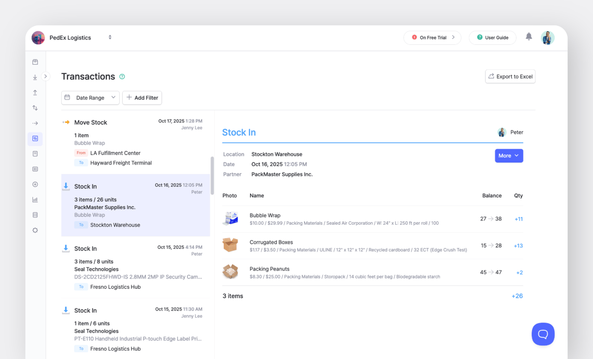 BoxHero Transactions detail view showing a "Stock In" record at Stockton Warehouse