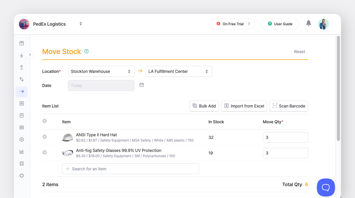 BoxHero "Move Stock" transaction interface for transferring inventory between locations, real-time tracking.