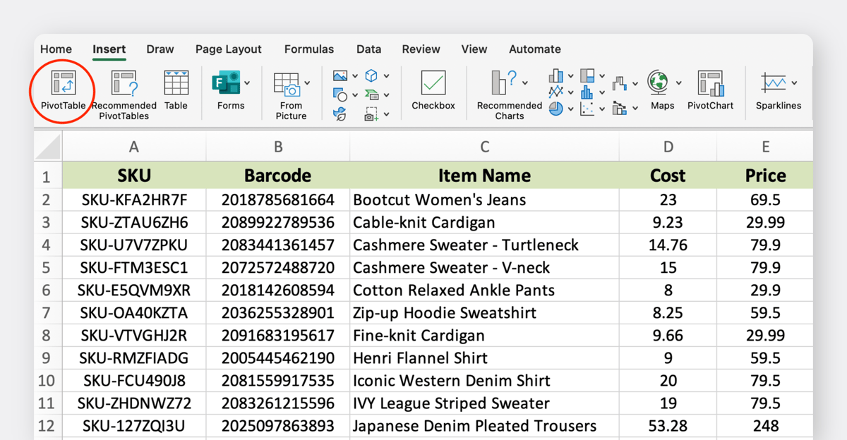 Excel spreadsheet with inventory data including SKU, barcode, item name, cost, and price, with the PivotTable option highlighted in the Insert menu