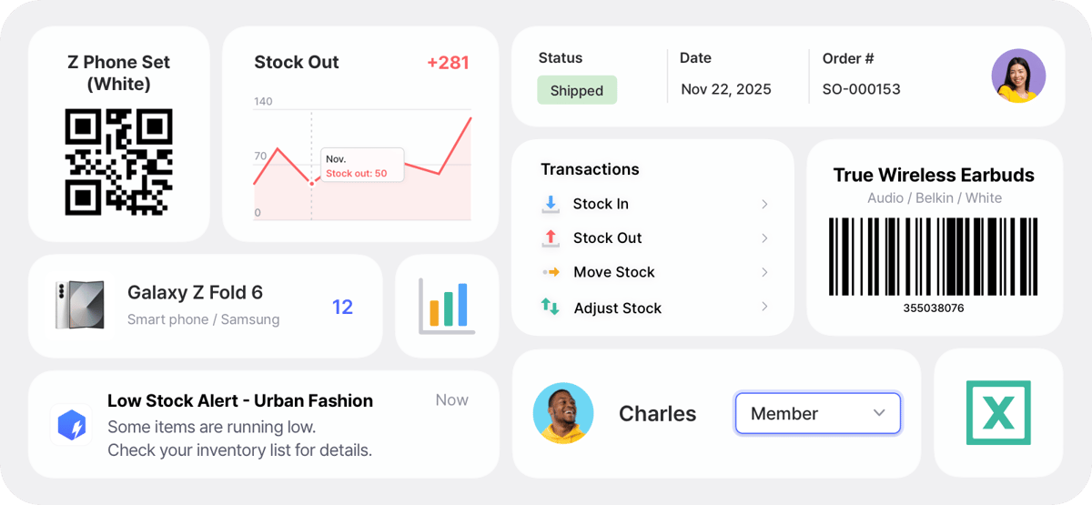 BoxHero inventory management features, stock control dashboard, small business toolsDashboard view in the BoxHero app showing multiple features and tools like low stock alerts and shipment status.
