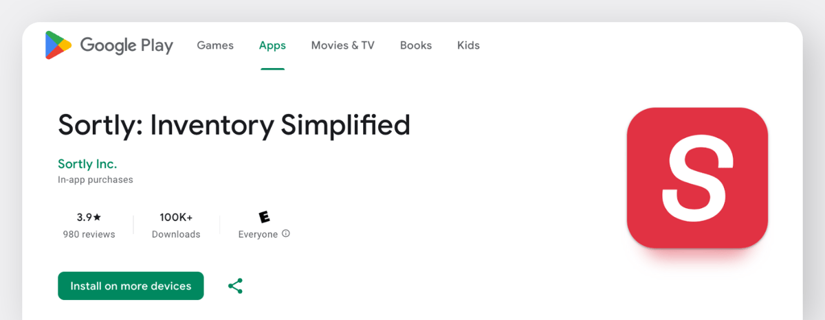 Sortly Inventory Simplified app listing on Google Play Store showing rating, downloads, and install button.