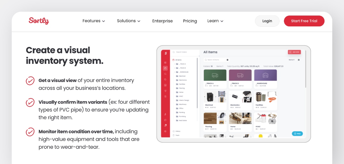 Sortly visual inventory system dashboard with item folders and product images for equipment tracking.