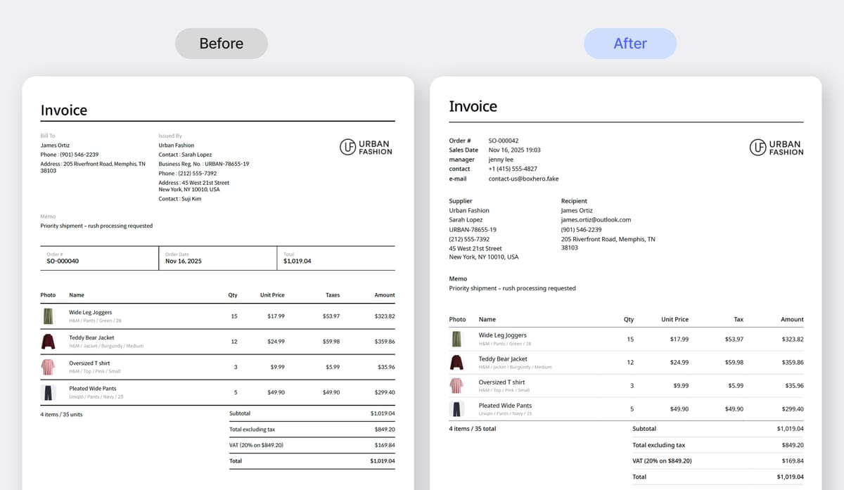 Before and after comparison of the Invoice layout
