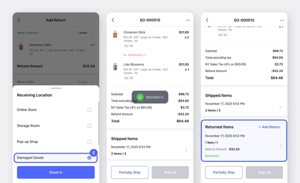 BoxHero Mobile App screenshots of returned item being stocked in