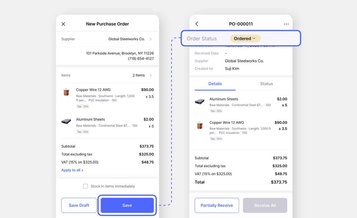 Saving a new purchase order in the BoxHero mobile app to mark as "Ordered."