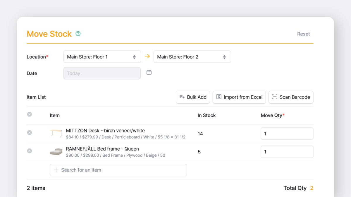 BoxHero "Move Stock" transaction to transfer items from one place to another