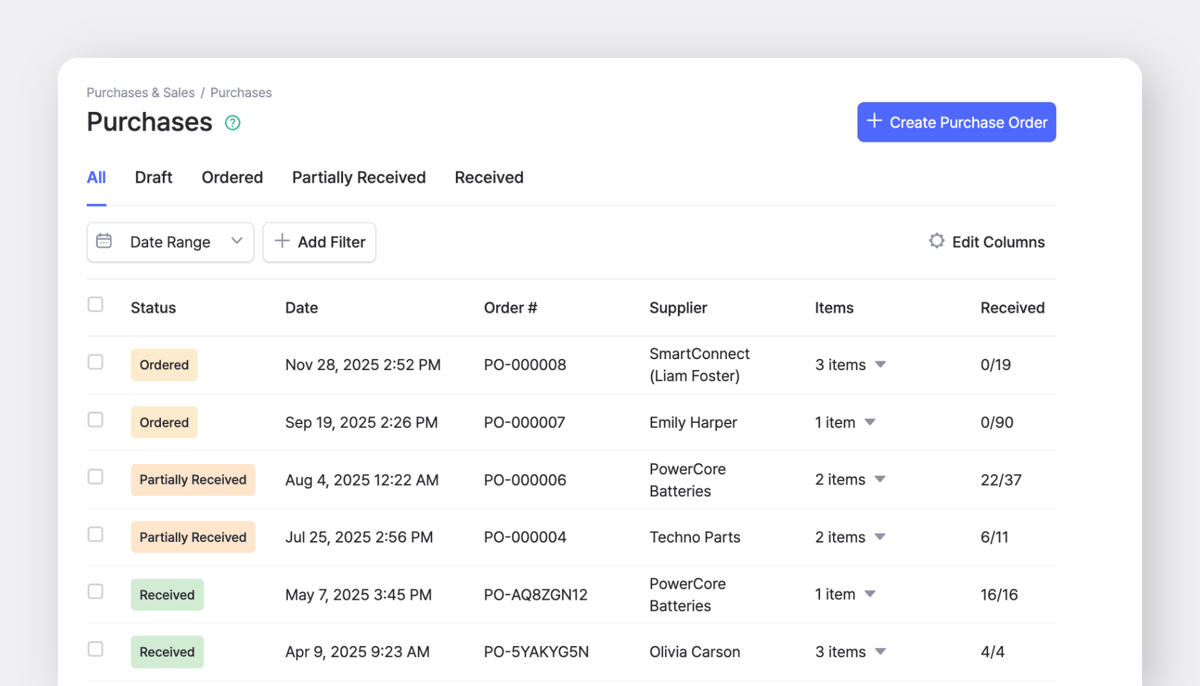 BoxHero's Purchases & Sales feature showing list of purchase orders and their status and associated supplier